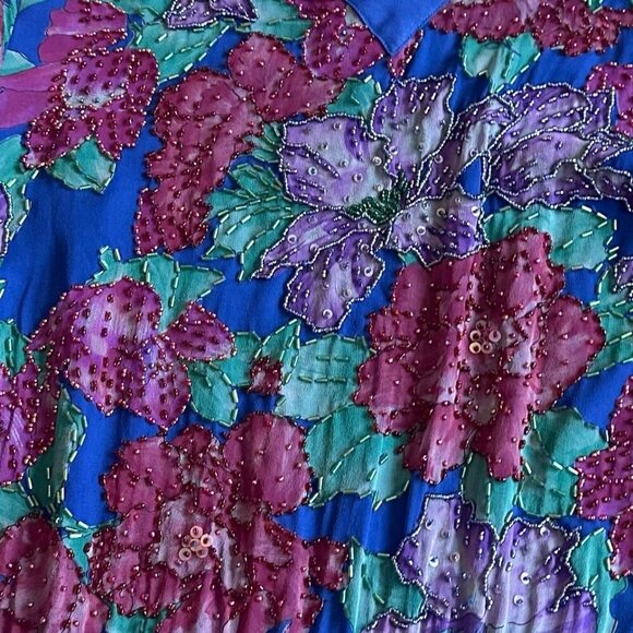 Diane Freis Vintage Floral Dress Beaded Long Sleeve 100% Silk Dancing Size Large - Picture 3 of 12